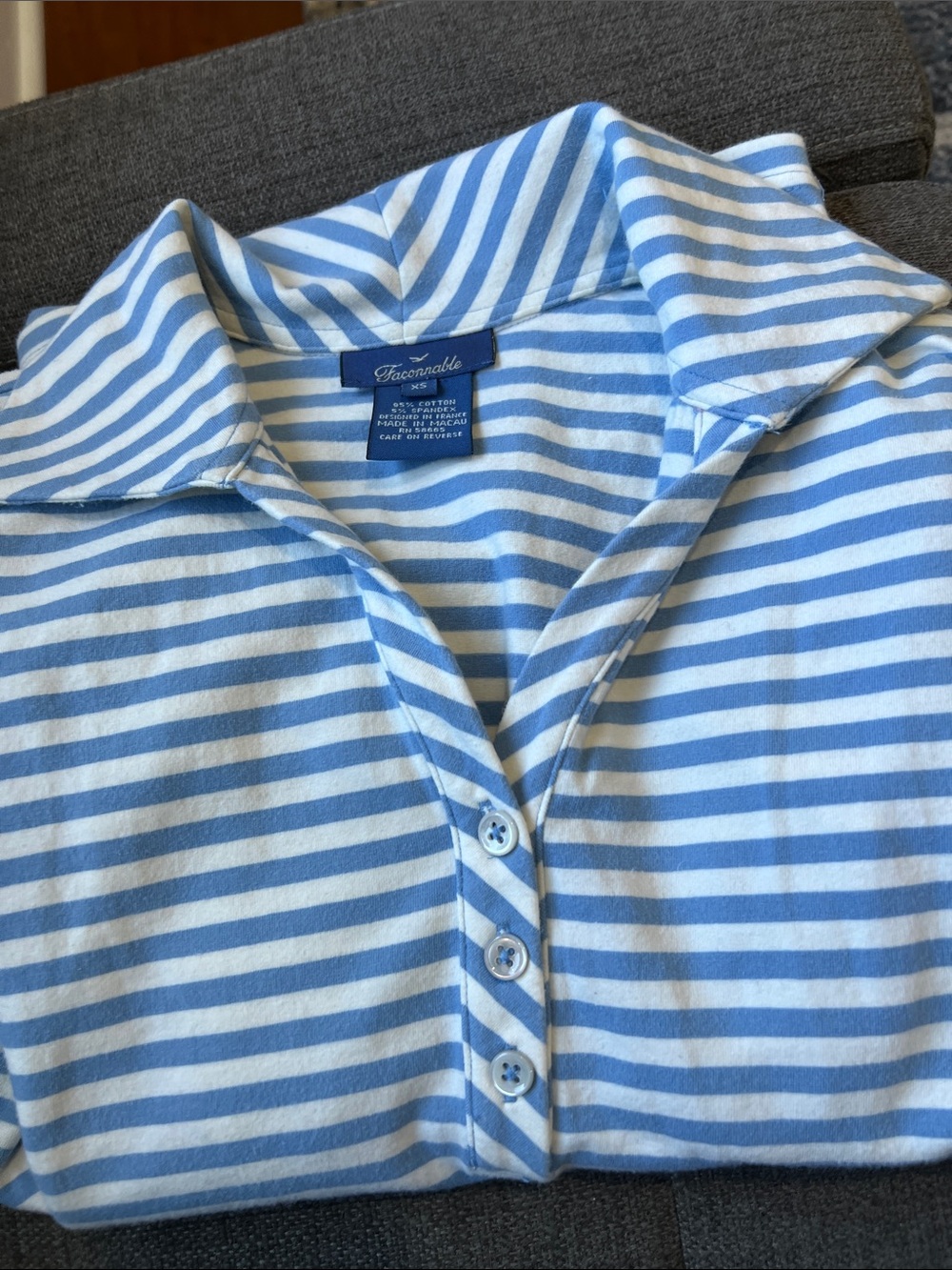 Faconnable Blue and White Striped 3/4 Sleeve Polo Top